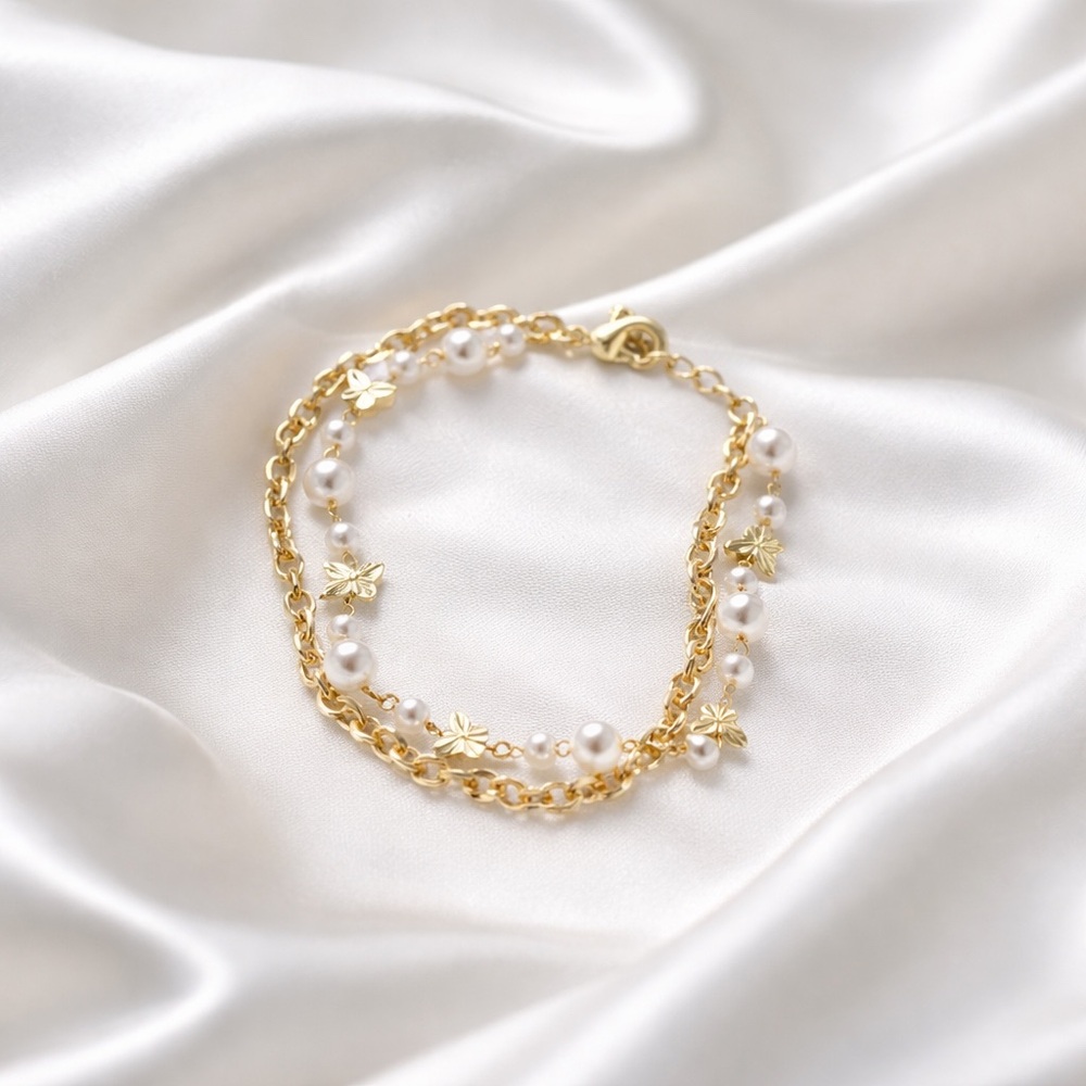 Gold and White Pearl Flower Chain Bracelet - Women Jewelry